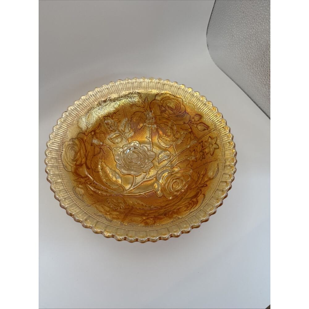 Marigold Carnival Glass Rose Pattern Iridescent Bowl Decorative Vintage‎ Dish 8”